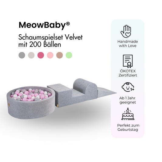 MeowBaby Schaumspielset Velvet mit Bällebad, 200 Bälle - eigene Farbauswahl